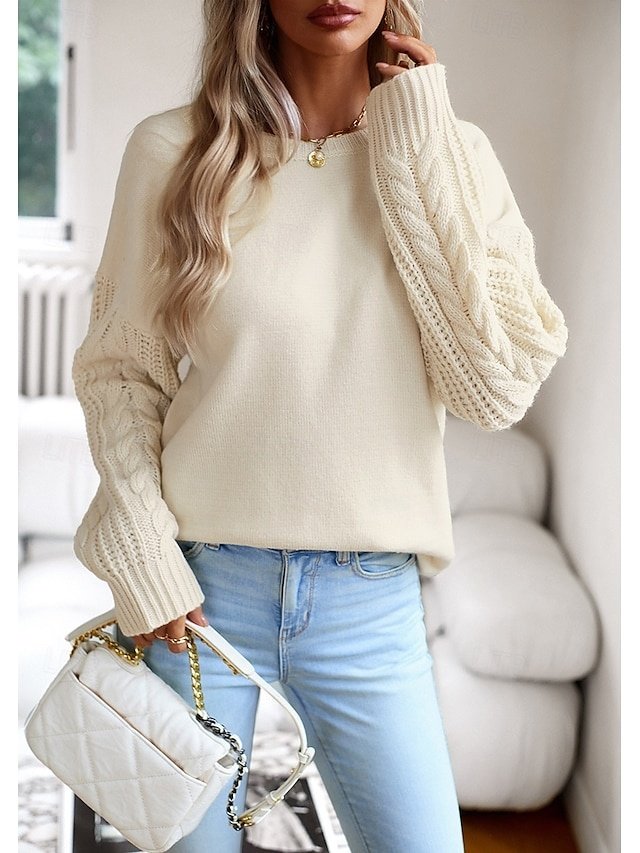 Casual Regular Solid Crew Neck Braided Long Sleeve Pullover Sweater - Image 1