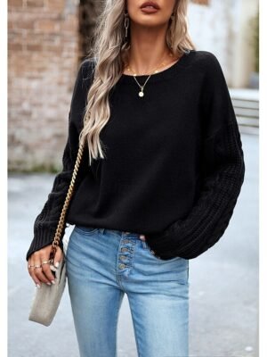 Casual Regular Solid Crew Neck Braided Long Sleeve Pullover Sweater - Image 10