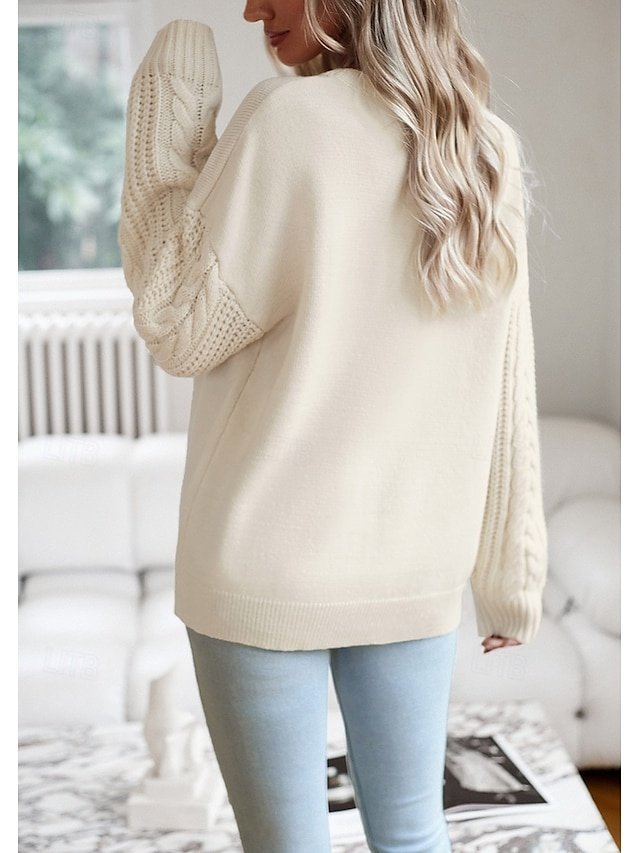 Casual Regular Solid Crew Neck Braided Long Sleeve Pullover Sweater - Image 2
