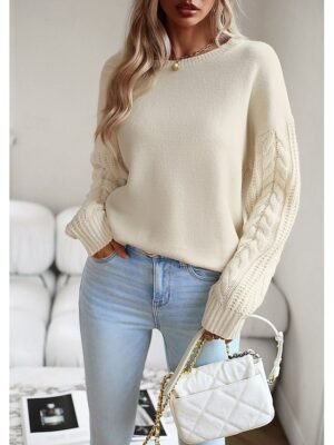 Casual Regular Solid Crew Neck Braided Long Sleeve Pullover Sweater - Image 3