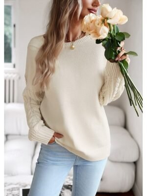 Casual Regular Solid Crew Neck Braided Long Sleeve Pullover Sweater - Image 4