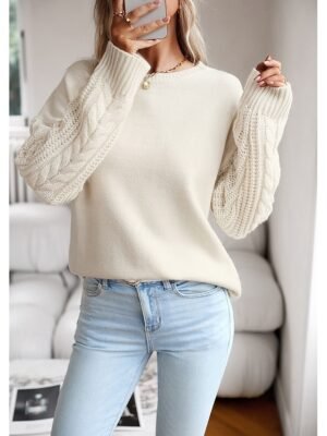 Casual Regular Solid Crew Neck Braided Long Sleeve Pullover Sweater - Image 5