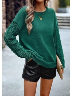 Casual Regular Solid Crew Neck Braided Long Sleeve Pullover Sweater - Image 6