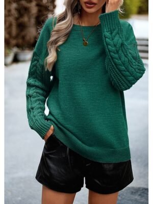 Casual Regular Solid Crew Neck Braided Long Sleeve Pullover Sweater - Image 7