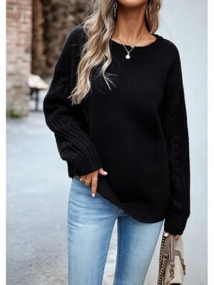 Casual Regular Solid Crew Neck Braided Long Sleeve Pullover Sweater - Image 9