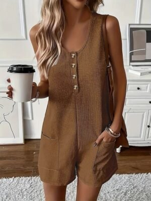 Casual Regular Solid Crew Neck Sleeveless Shorts Romper - Image 4