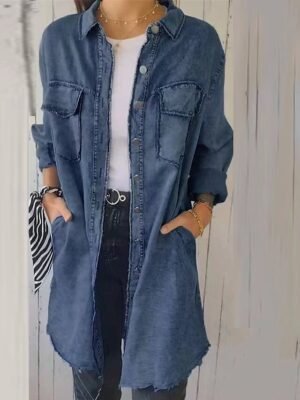 Casual Regular Solid Long Sleeve Long Denim Jacket - Image 5