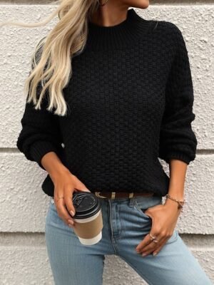 Casual Regular Solid Mock Neck Textured Long Sleeve Top - Image 4