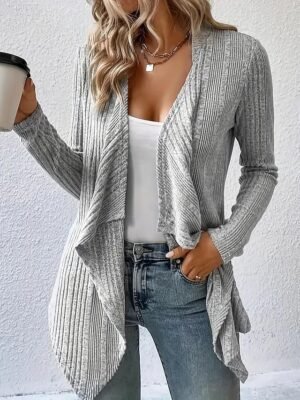 Casual Regular Solid Open Front Long Sleeve Asymmetric Hem Cardigan Coat - Image 1