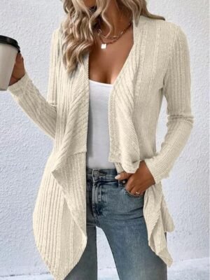 Casual Regular Solid Open Front Long Sleeve Asymmetric Hem Cardigan Coat - Image 4