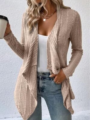 Casual Regular Solid Open Front Long Sleeve Asymmetric Hem Cardigan Coat - Image 6