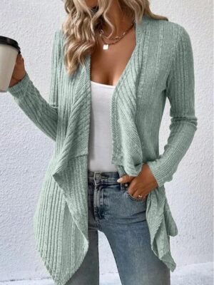 Casual Regular Solid Open Front Long Sleeve Asymmetric Hem Cardigan Coat - Image 8