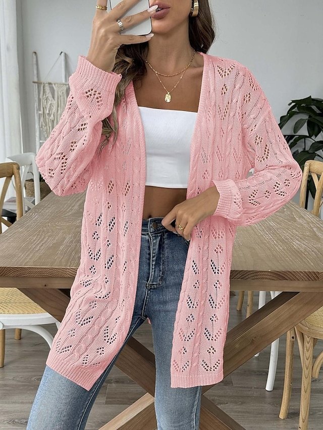 Casual Regular Solid Ribbed Open Front Long Sleeve Cardigan Coat - Image 2