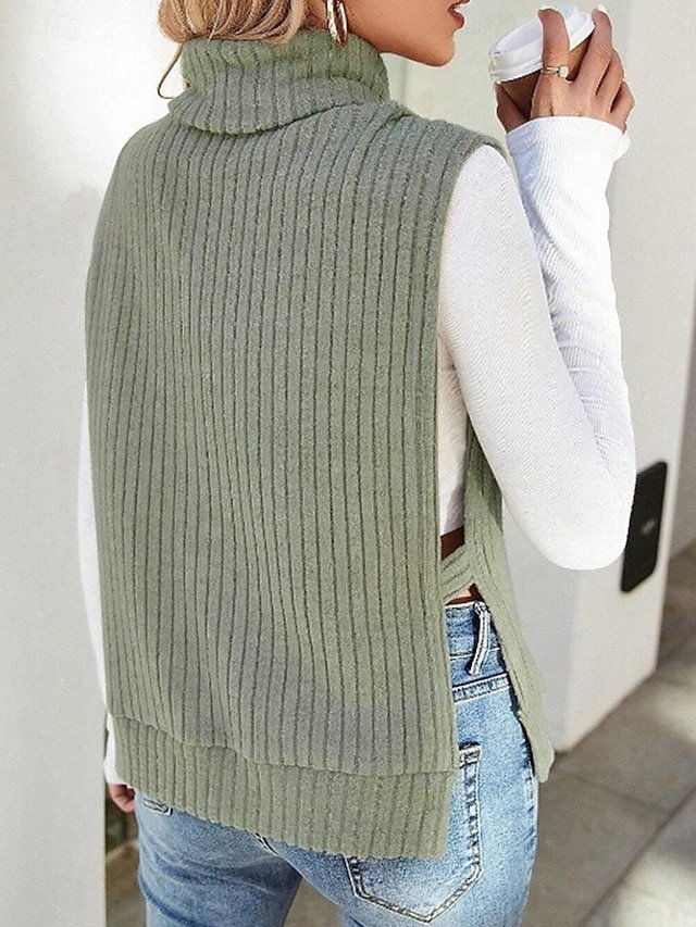 Casual Regular Solid Ribbed Turtleneck Sleeveless Knitted Vest - Image 2