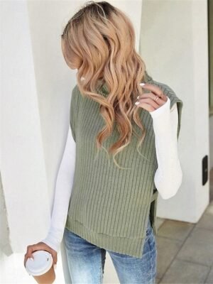Casual Regular Solid Ribbed Turtleneck Sleeveless Knitted Vest - Image 4