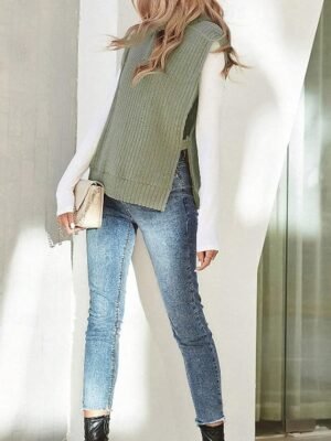 Casual Regular Solid Ribbed Turtleneck Sleeveless Knitted Vest - Image 5