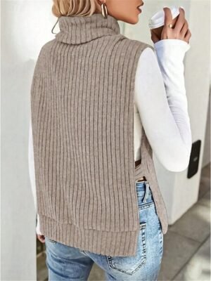 Casual Regular Solid Ribbed Turtleneck Sleeveless Knitted Vest - Image 6