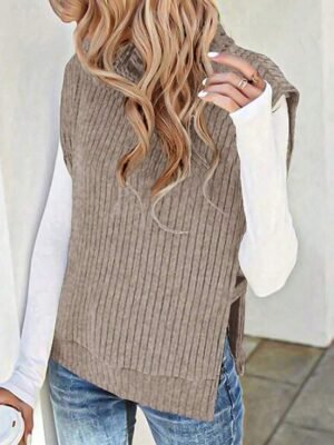 Casual Regular Solid Ribbed Turtleneck Sleeveless Knitted Vest - Image 8
