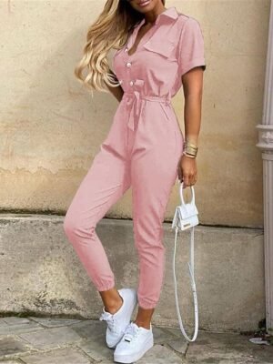 Casual Regular Solid Shirt Collar Short Sleeve Jumpsuit - Image 6