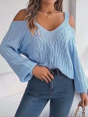 Casual Regular Solid V Neck Cold Shoulder Long Sleeve Jumper - Image 10