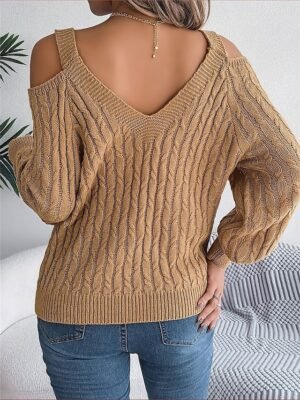 Casual Regular Solid V Neck Cold Shoulder Long Sleeve Jumper - Image 2