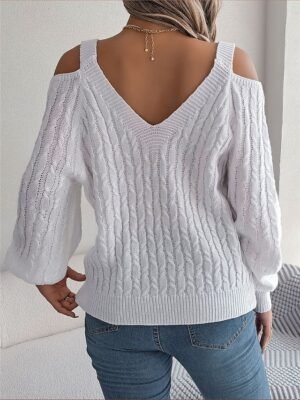 Casual Regular Solid V Neck Cold Shoulder Long Sleeve Jumper - Image 5
