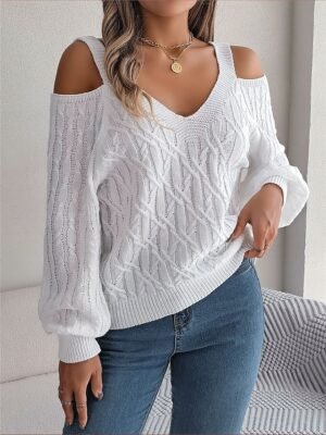 Casual Regular Solid V Neck Cold Shoulder Long Sleeve Jumper - Image 6