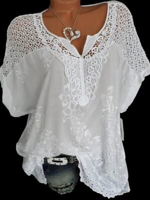 Casual Regular Solid V Neck Half Sleeve White Lace Blouse - Image 1