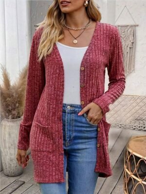 Casual Regular Solid V Neck Long Sleeve Asymmetrical Knit Cardigan - Image 1