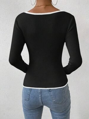 Casual Regular Solid V Neck Long Sleeve Knit Top - Image 3