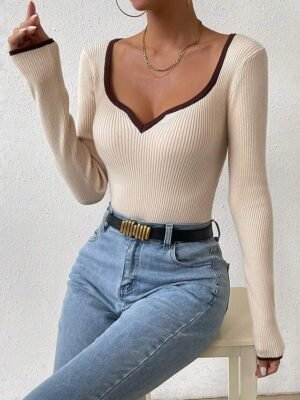 Casual Regular Solid V Neck Long Sleeve Knit Top - Image 4