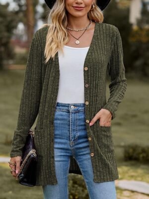 Casual Regular Solid V Neck Long Sleeve Asymmetrical Knit Cardigan - Image 5