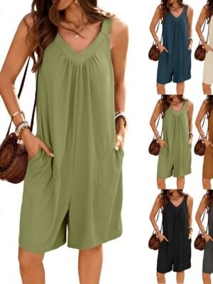Casual Regular Solid V Neck Sleeveless Romper - Image 1