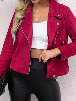 Casual Regular Solid Zip Up Long Sleeve Faux Leather Jacket - Image 11