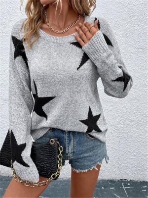 Casual Regular Star Ribbed Crew Neck Long Sleeve Knit Top - Image 1
