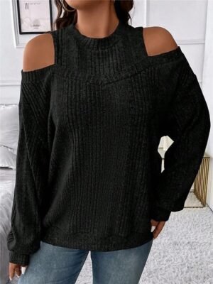 Casual Regular Striped Crew Neck Cold Shoulder Long Sleeve Knit Jumper - Image 1