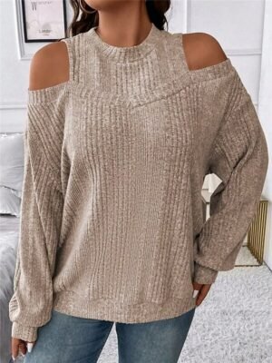 Casual Regular Striped Crew Neck Cold Shoulder Long Sleeve Knit Jumper - Image 12