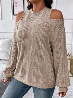 Casual Regular Striped Crew Neck Cold Shoulder Long Sleeve Knit Jumper - Image 13