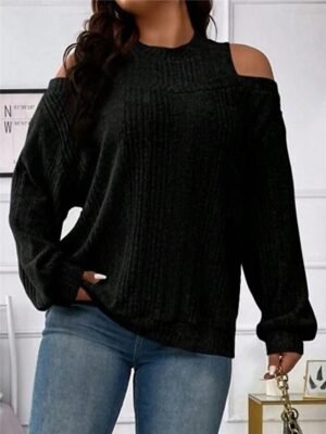 Casual Regular Striped Crew Neck Cold Shoulder Long Sleeve Knit Jumper - Image 5