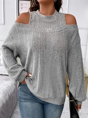 Casual Regular Striped Crew Neck Cold Shoulder Long Sleeve Knit Jumper - Image 6