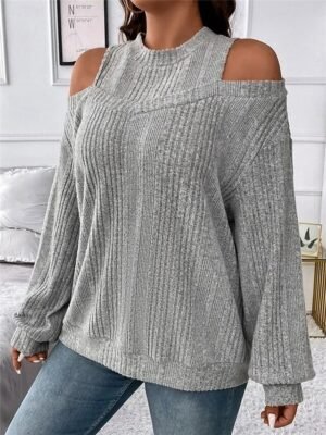 Casual Regular Striped Crew Neck Cold Shoulder Long Sleeve Knit Jumper - Image 8