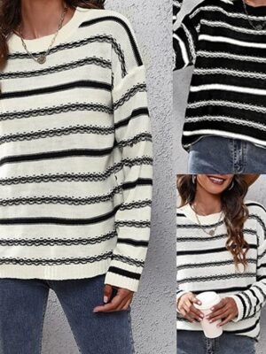 Casual Regular Striped Crew Neck Long Sleeve Knit Top - Image 1