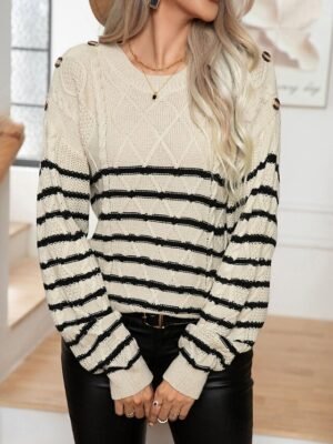 Casual Regular Striped Crew Neck Long Sleeve Knit Top - Image 10