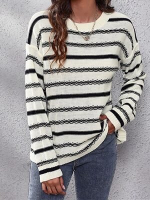 Casual Regular Striped Crew Neck Long Sleeve Knit Top - Image 2