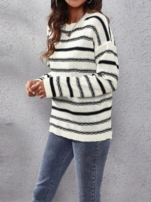 Casual Regular Striped Crew Neck Long Sleeve Knit Top - Image 3