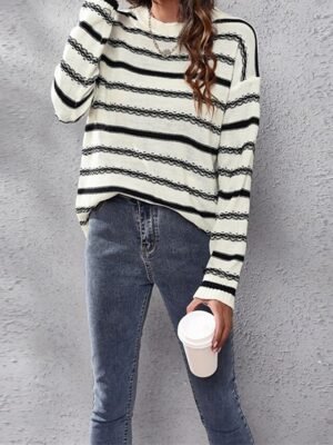 Casual Regular Striped Crew Neck Long Sleeve Knit Top - Image 4