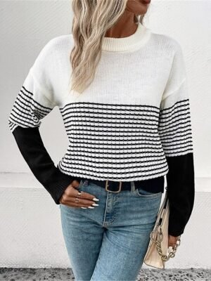Casual Regular Striped Crew Neck Long Sleeve Knitted Top - Image 5