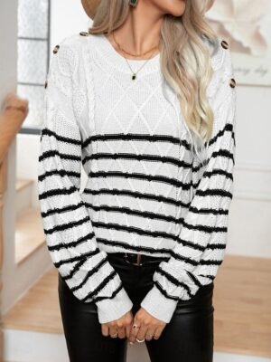 Casual Regular Striped Crew Neck Long Sleeve Knit Top - Image 5