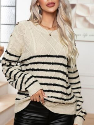 Casual Regular Striped Crew Neck Long Sleeve Knit Top - Image 7