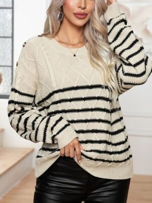 Casual Regular Striped Crew Neck Long Sleeve Knit Top - Image 9